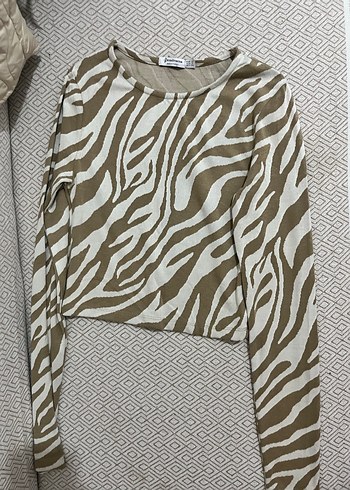 Bej Zebra Desenli Uzun Kollu Kadın Bluz