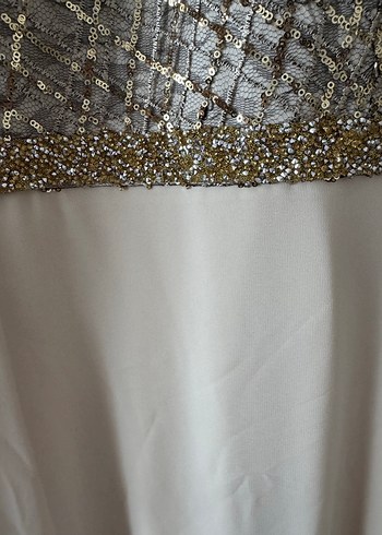 Uzun Kollu Bej Kadın Abiye Elbise - Görsel 6