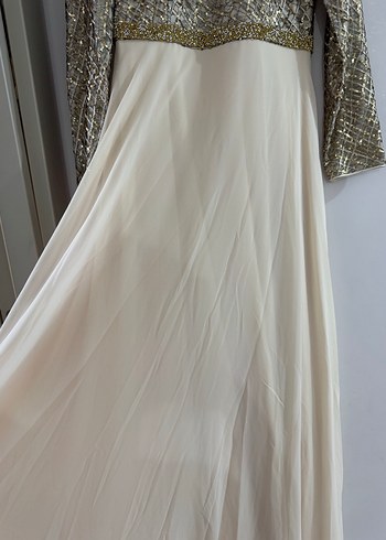 Uzun Kollu Bej Kadın Abiye Elbise - Görsel 9