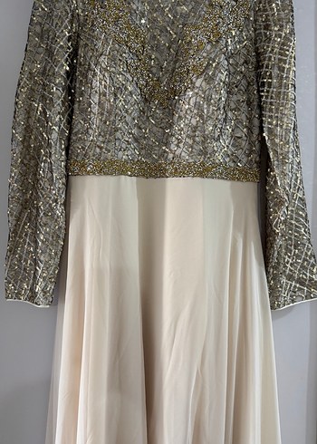 Uzun Kollu Bej Kadın Abiye Elbise - Görsel 2