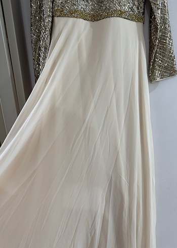 Uzun Kollu Bej Kadın Abiye Elbise - Görsel 8