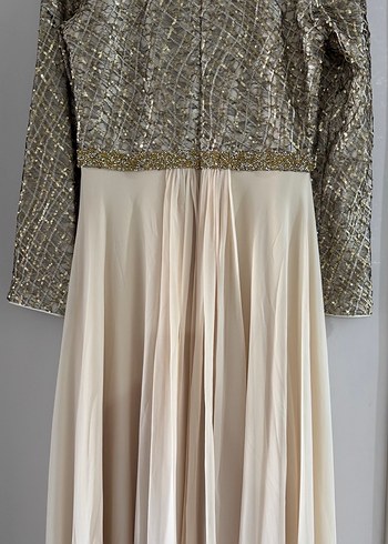 Uzun Kollu Bej Kadın Abiye Elbise - Görsel 3