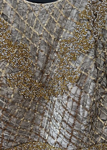 Uzun Kollu Bej Kadın Abiye Elbise - Görsel 10