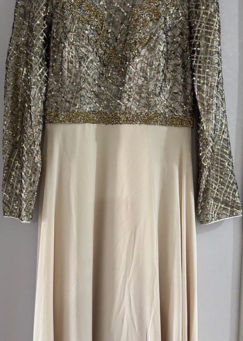 Uzun Kollu Bej Kadın Abiye Elbise - Görsel 5