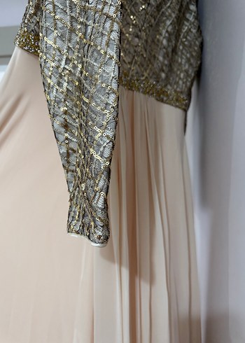 Uzun Kollu Bej Kadın Abiye Elbise - Görsel 4