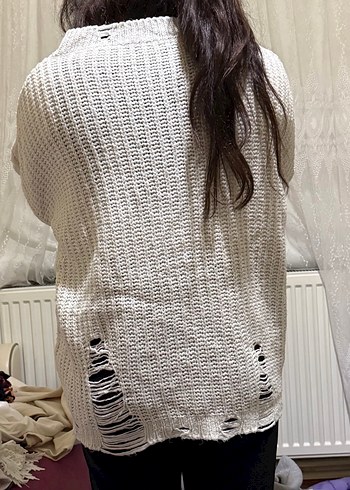 Beyaz Örgü Salaş Kadın Kazak - Görsel 2