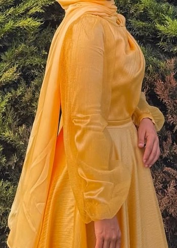 Sarı Uzun Kollu Bohem Tesettür Elbise - Görsel 2