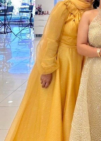 Sarı Uzun Kollu Bohem Tesettür Elbise - Görsel 3