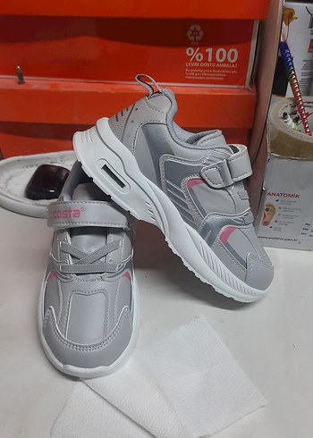Kız Çocuk Gri Spor Ayakkabı Velcro Bantlı