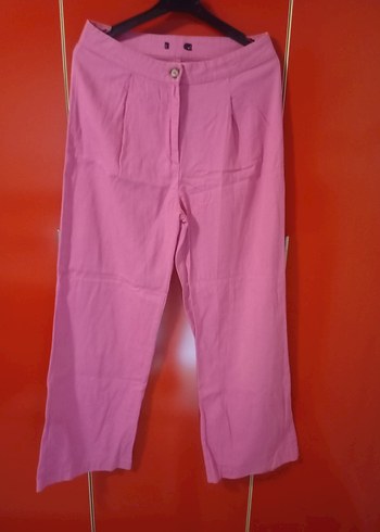 Düğmeli Pembe Keten Kadın Pantolon