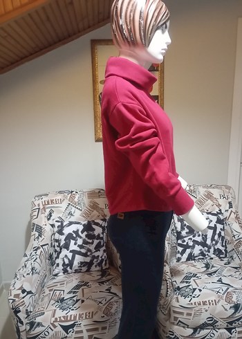 Koyu Kırmızı Yüksek Yaka Kadın Sweatshirt - Görsel 3