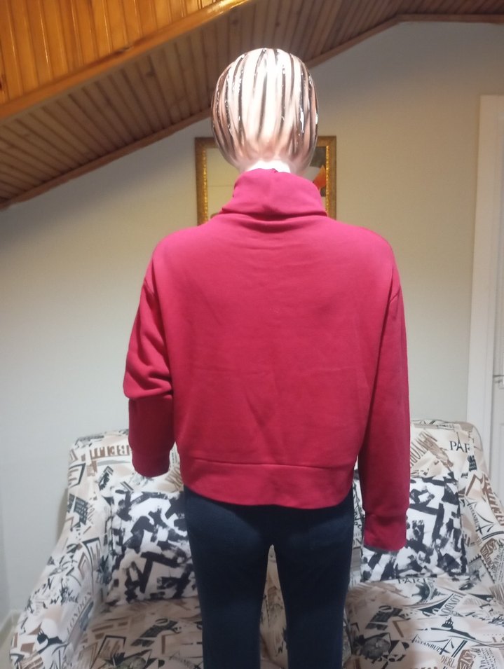 Koyu Kırmızı Yüksek Yaka Kadın Sweatshirt - Görsel 5
