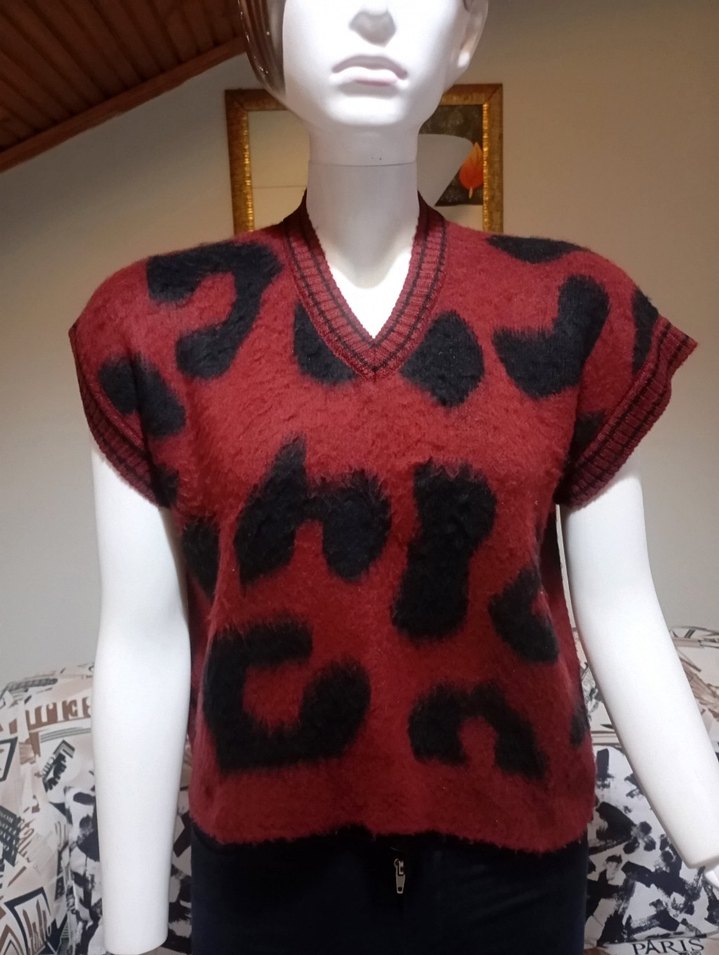 bordo leopar desenli süveter - Görsel 2
