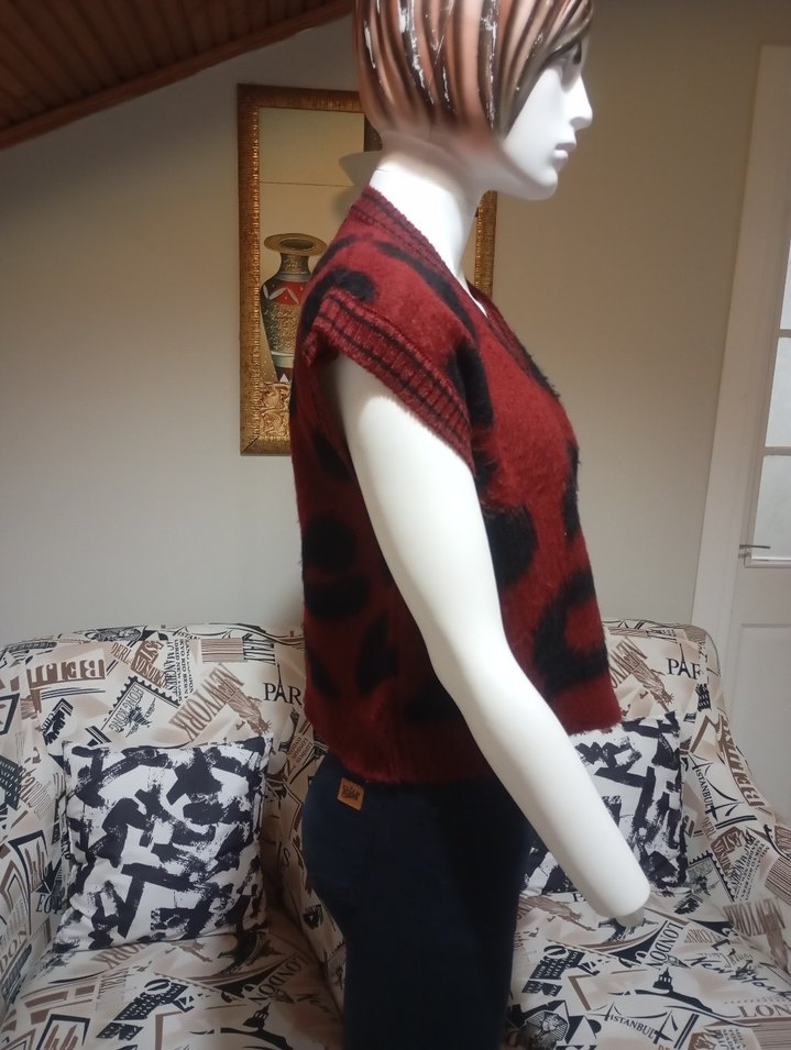 bordo leopar desenli süveter - Görsel 3