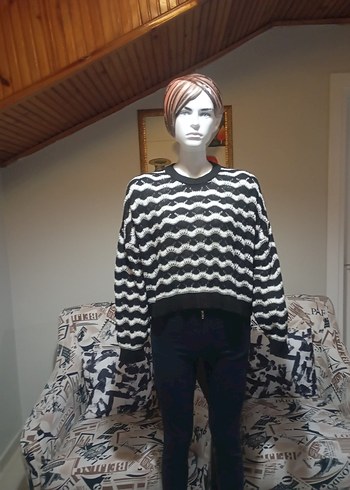 Kadın Siyah Beyaz Zebra Desenli Oversize Kazak - Görsel 2