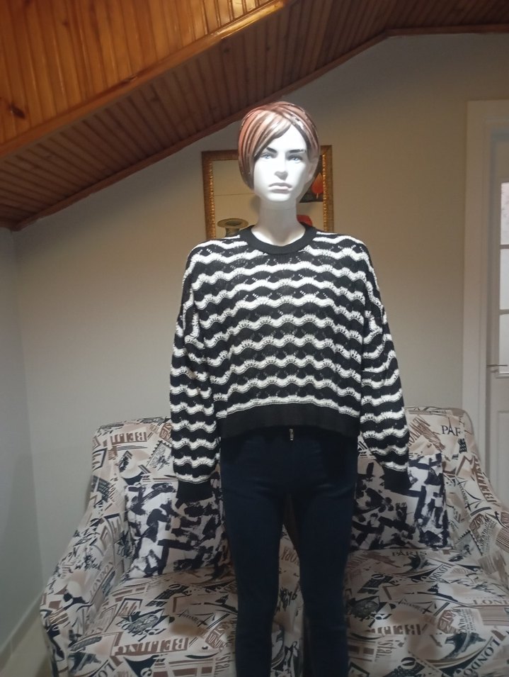 Kadın Siyah Beyaz Zebra Desenli Oversize Kazak - Görsel 2