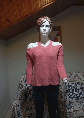 Pembe Örgü Kadın Triko Kazak - Görsel 2