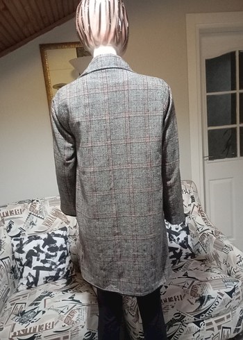 Gri Ekose Desenli Uzun Kadın Ceket - Görsel 4