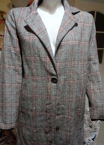 Gri Ekose Desenli Uzun Kadın Ceket - Görsel 2