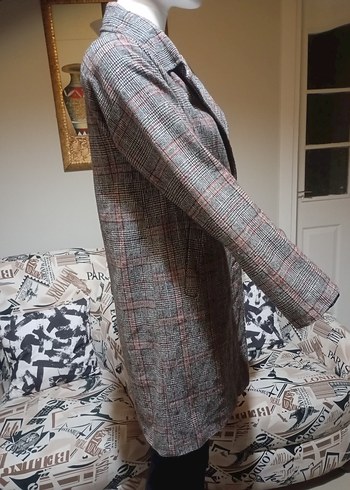 Gri Ekose Desenli Uzun Kadın Ceket - Görsel 3