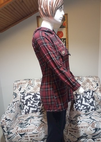 Bordo kapsonlu  Uzun Kollu Salaş Kadın Gömlek - Görsel 4