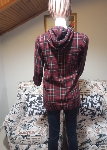 Bordo kapsonlu  Uzun Kollu Salaş Kadın Gömlek - Görsel 5