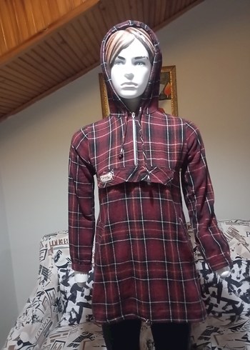 Bordo kapsonlu  Uzun Kollu Salaş Kadın Gömlek - Görsel 2