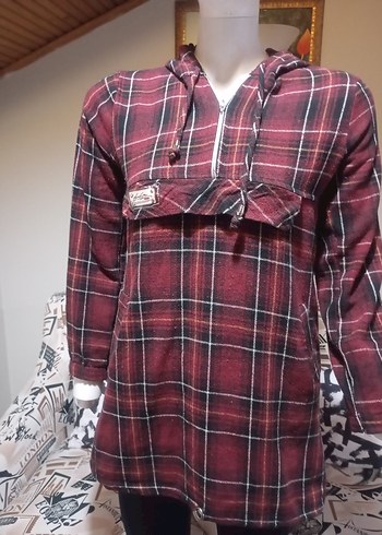 Bordo kapsonlu  Uzun Kollu Salaş Kadın Gömlek - Görsel 3