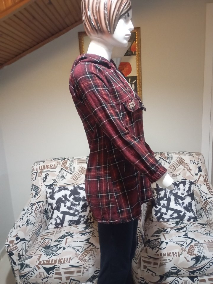 Bordo kapsonlu  Uzun Kollu Salaş Kadın Gömlek - Görsel 4