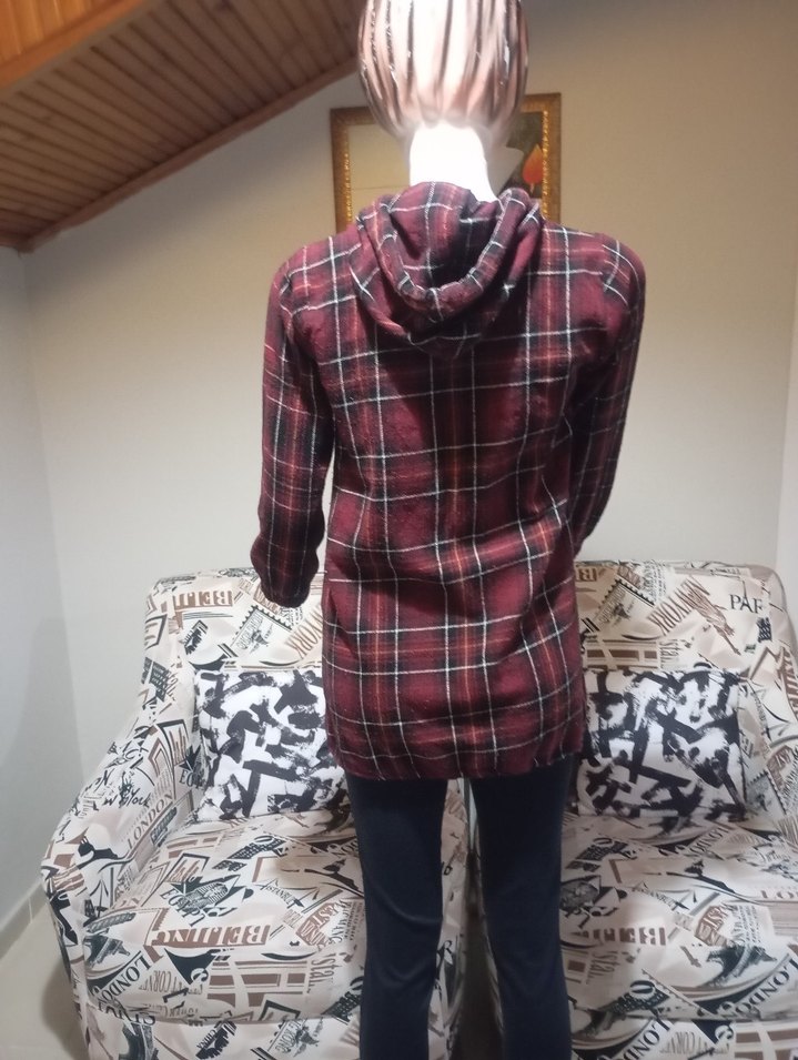 Bordo kapsonlu  Uzun Kollu Salaş Kadın Gömlek - Görsel 5