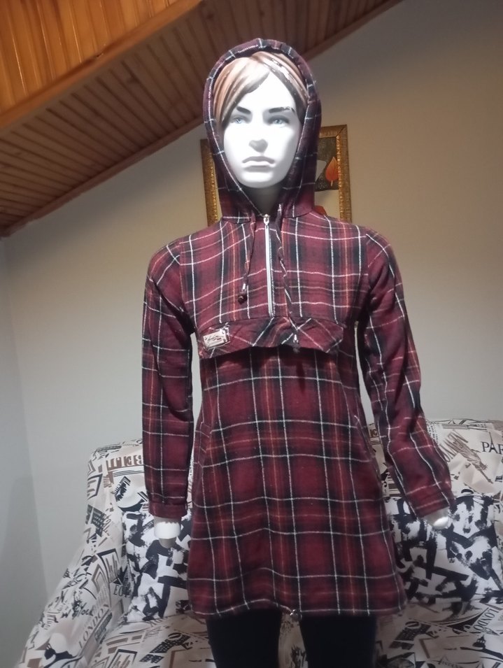 Bordo kapsonlu  Uzun Kollu Salaş Kadın Gömlek - Görsel 2