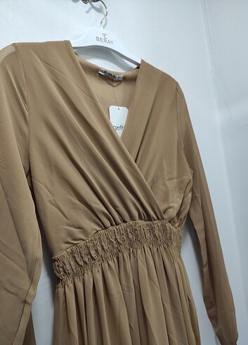 Kruvaza Yaka Beli Lastikli Astarlı Şifon Elbise  - Görsel 2