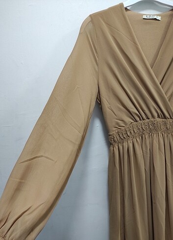 Kruvaza Yaka Beli Lastikli Astarlı Şifon Elbise  - Görsel 3