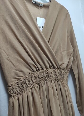 Kruvaza Yaka Beli Lastikli Astarlı Şifon Elbise  - Görsel 4