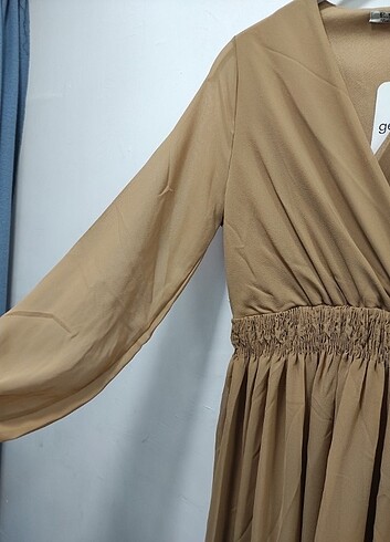 Kruvaza Yaka Beli Lastikli Astarlı Şifon Elbise  - Görsel 5