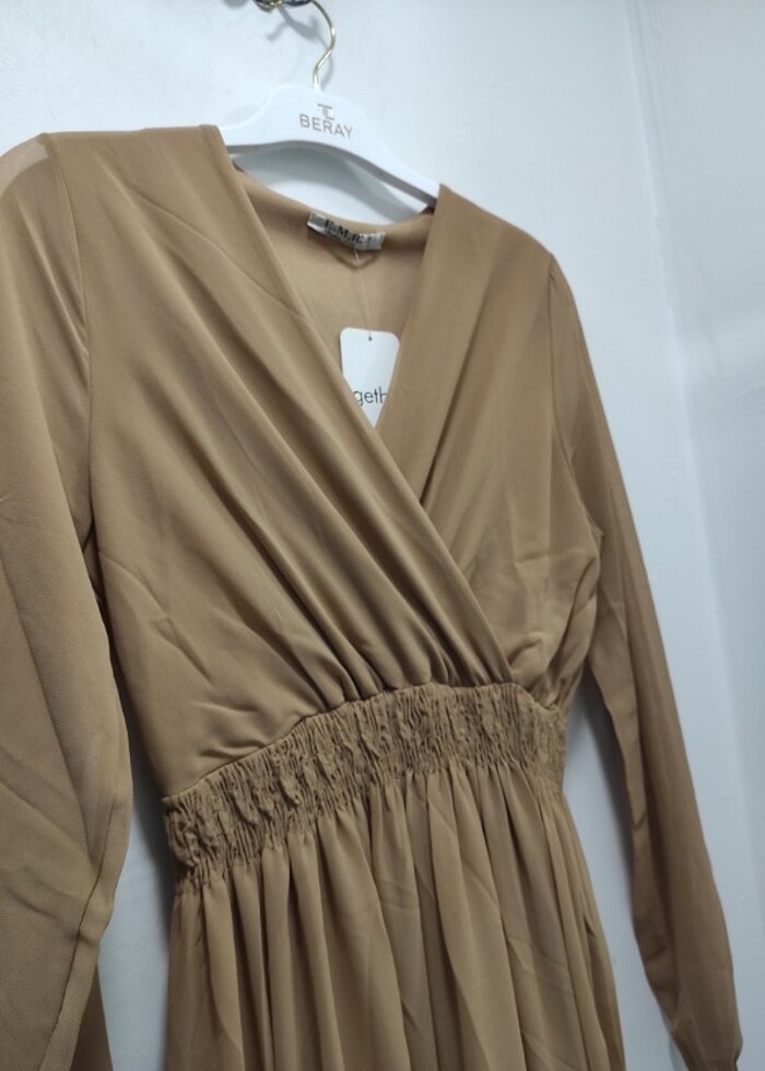 Kruvaza Yaka Beli Lastikli Astarlı Şifon Elbise  - Görsel 2