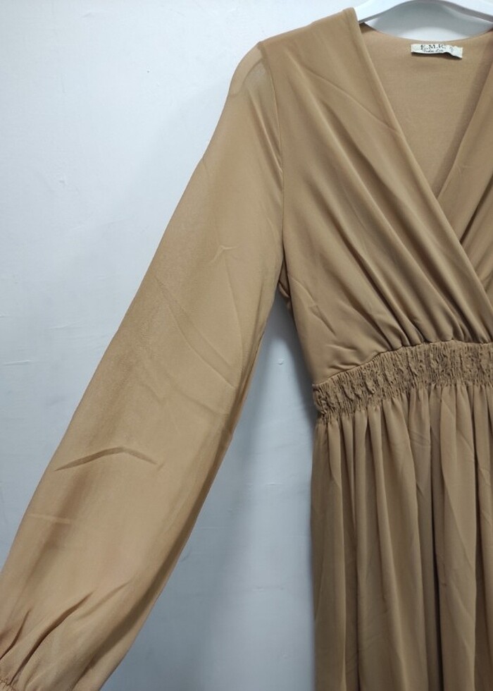 Kruvaza Yaka Beli Lastikli Astarlı Şifon Elbise  - Görsel 3