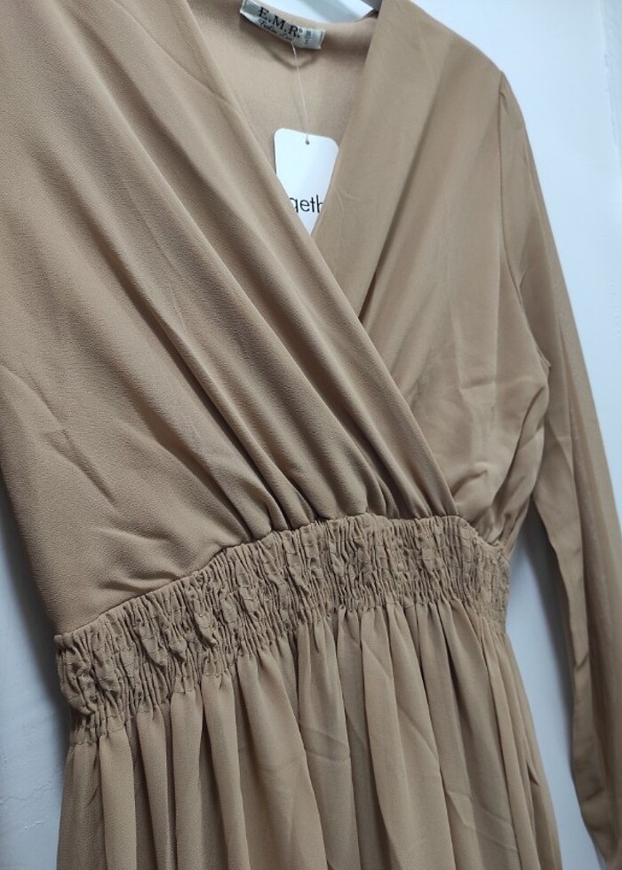 Kruvaza Yaka Beli Lastikli Astarlı Şifon Elbise  - Görsel 4