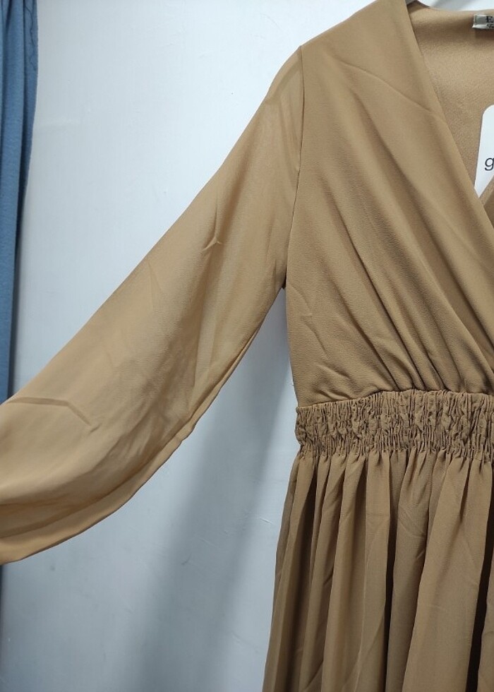 Kruvaza Yaka Beli Lastikli Astarlı Şifon Elbise  - Görsel 5