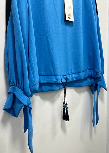 Kadın Mavi Siyah Kuşaklı Uzun Kollu Bluz - Görsel 2