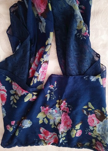 Lace Detaylı Koyu Mavi Bohem Kadın Fular - Görsel 2