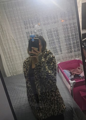 Leopar Desenli Midi Kadın Suni Kürk Mont - Görsel 3