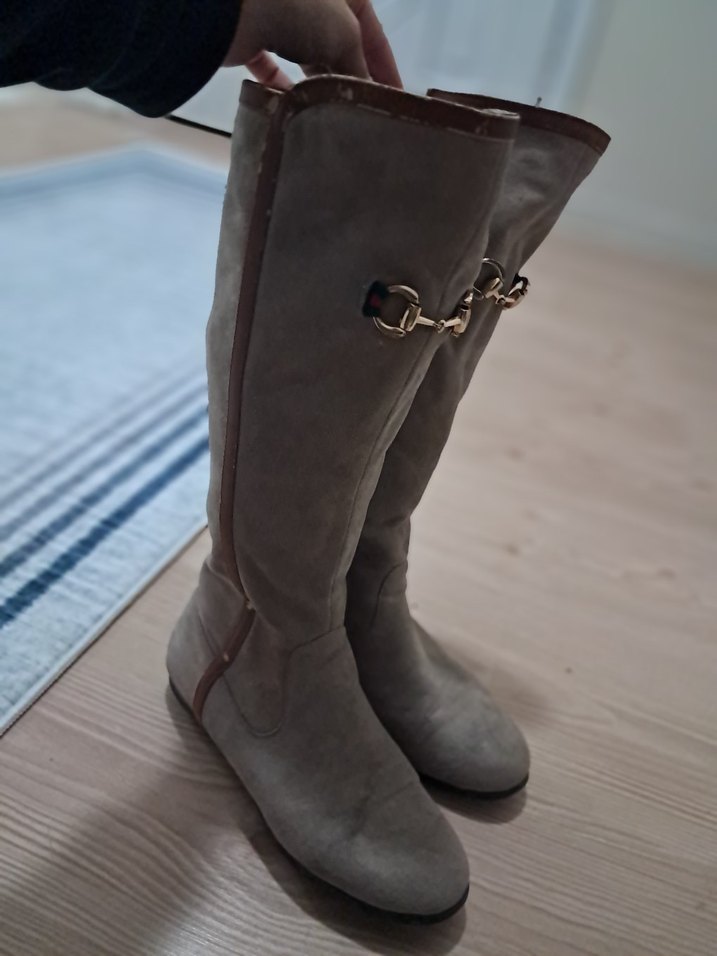 Bej Süet Kadın Dizüstü Çizme - Görsel 3