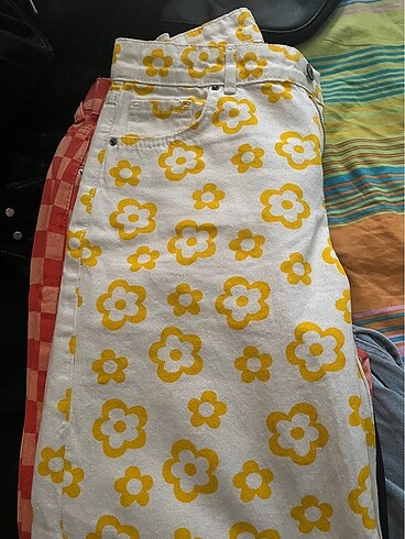 Sarı çiçekli wide leg jean