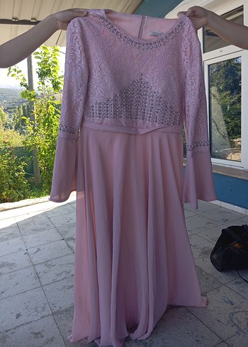 48 Beden İşlemeli Pembe Uzun Drapeli Straplez Elbise
