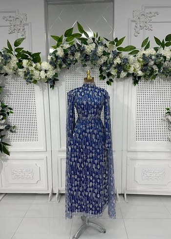 Mavi İşlemeli Uzun Abiye Elbise - Görsel 3