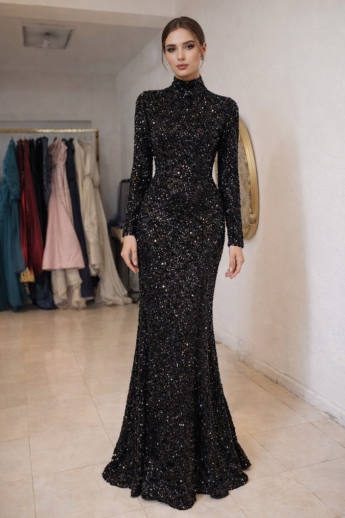 Siyah Payetli Uzun Abiye Elbise - Görsel 3