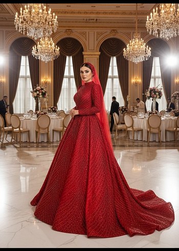 Uzun Kollu kirmizi Drapeli Düğün Bindallı - Görsel 2