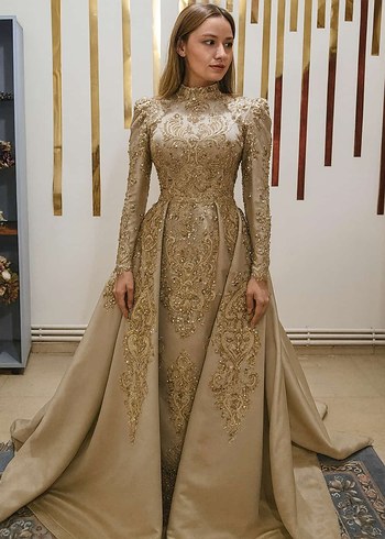 İnci İşlemeli Uzun Kollu Beyaz Nişan Elbisesi - Görsel 5