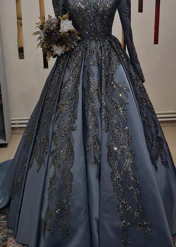 Uzun Kollu Gri Nakışlı Nişan Elbisesi - Görsel 2